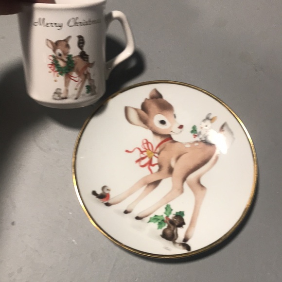 Vintage winter Christmas animal themed side serving dish plate gold trim mug - Picture 9 of 10